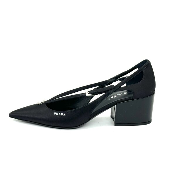 PRADA Pointed Toe Cutout Cut Out Block Heel Crystal Satin Leather Pumps - Picture 6 of 16